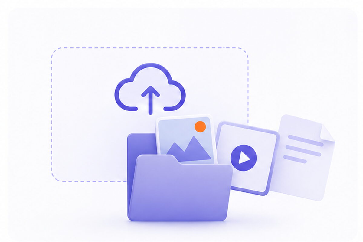 Cartella con foto, video e documenti caricati verso il cloud in un'area di trascinamento